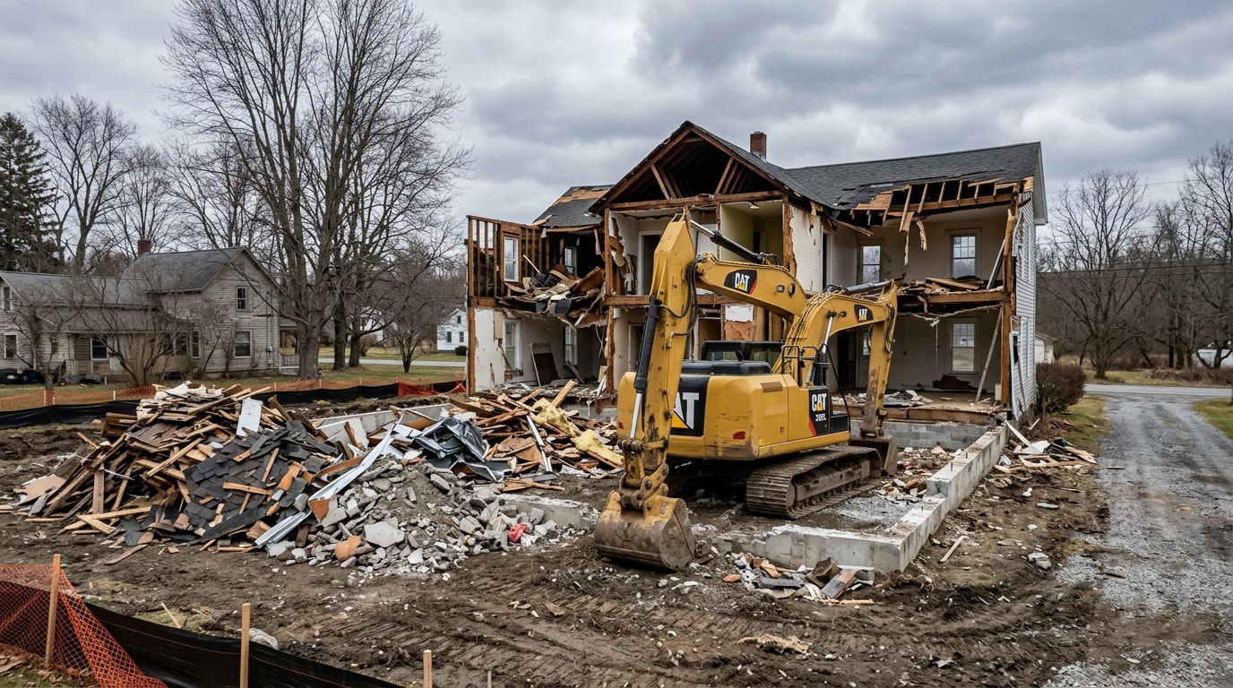 Demolition site with excavator and cleared foundation in Endicott, NY Demolition site with excavator and cleared foundation in Endicott, NY